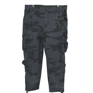 100% Cotton Mens Black Camo Cargo Pants Tactical Military Combat Slant Zip